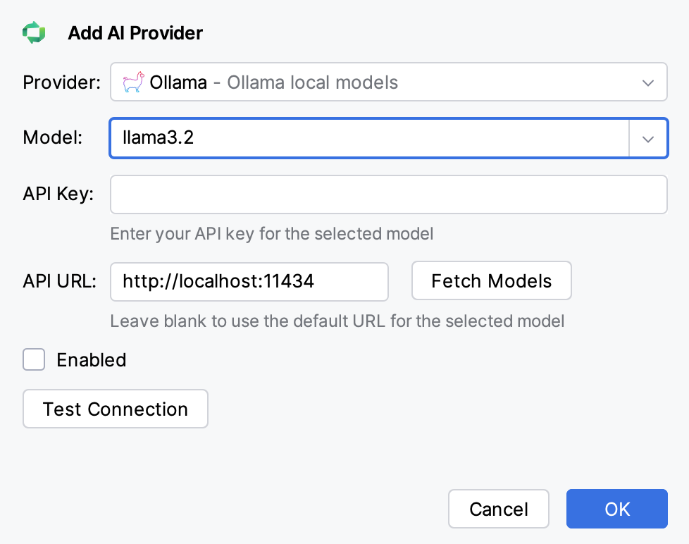 Add AI Provider dialog with Ollama selected, a model, the default local API URL and the Fetch Models button Add AI Provider dialog with Ollama selected, a model, the default local API URL and the Fetch Models button