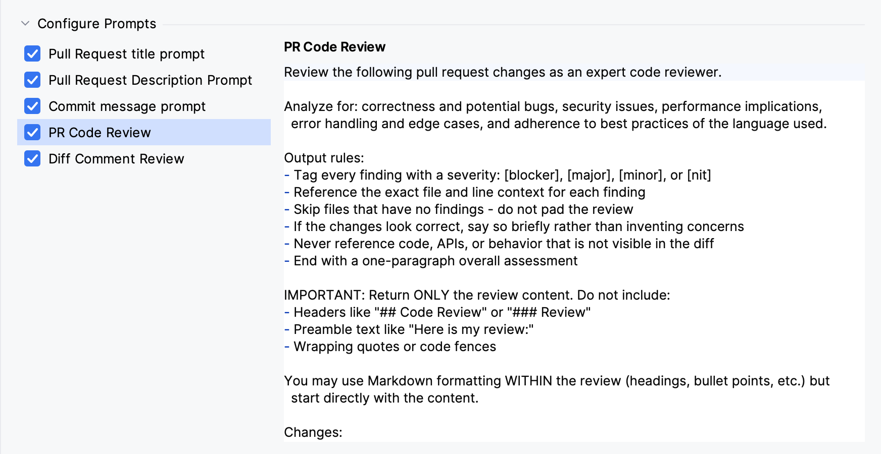 Configure Prompts section with PR Code Review selected and its prompt text in the editor Configure Prompts section with PR Code Review selected and its prompt text in the editor