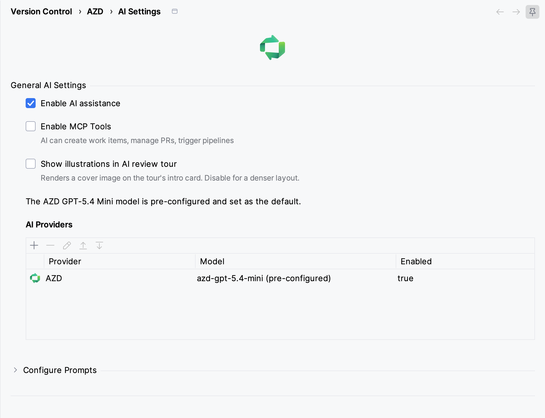 AZD AI Settings page with Enable AI assistance selected and the AI Providers table AZD AI Settings page with Enable AI assistance selected and the AI Providers table