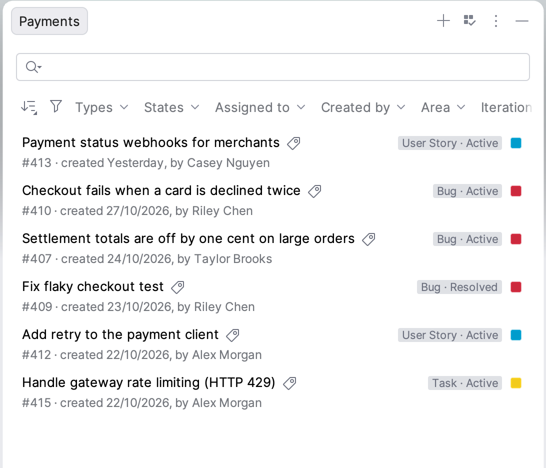 AZD Boards tool window listing work items with their type, state, assignee and tags