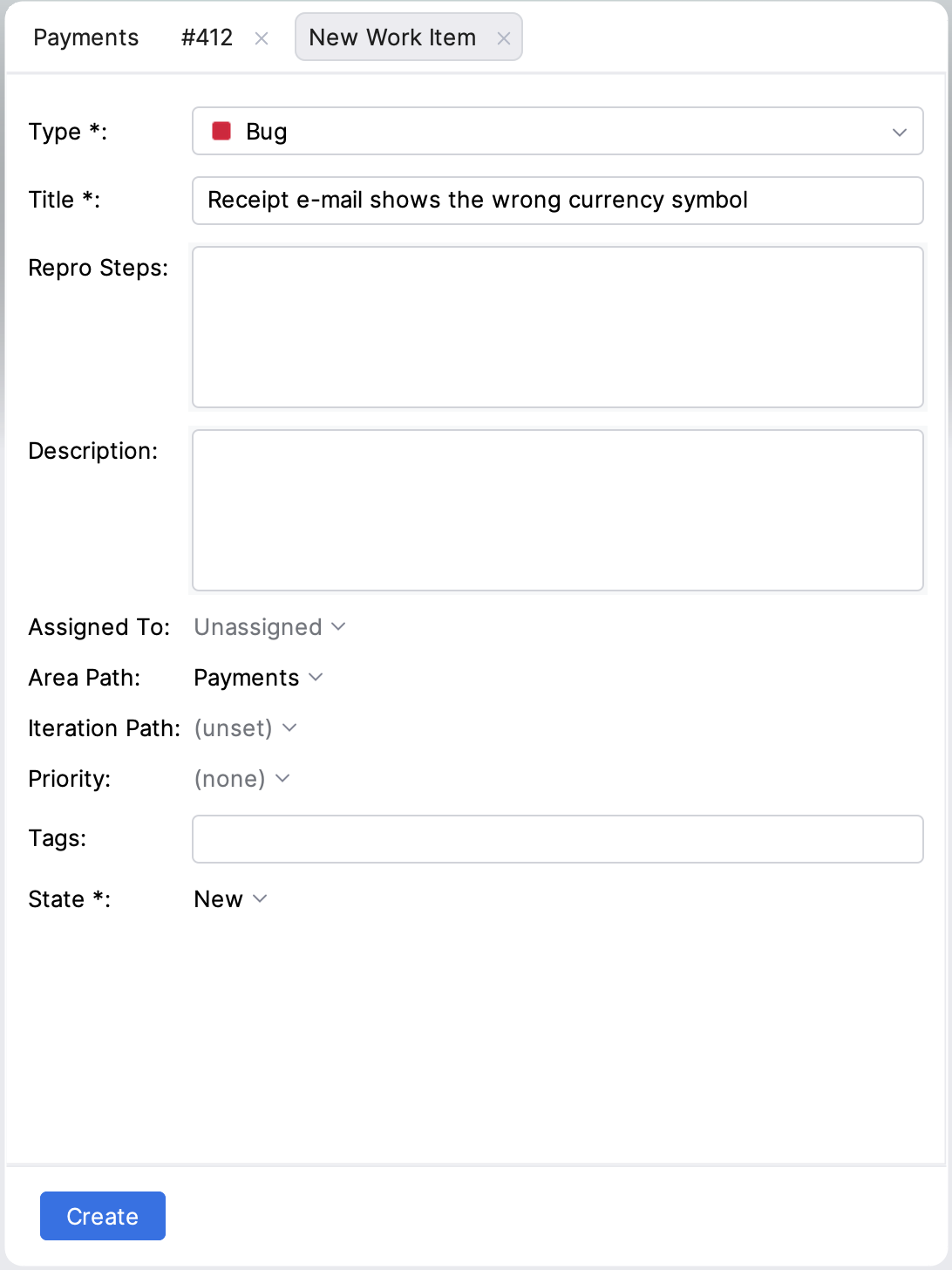 New Work Item tab with Bug selected as the type, a title, and the Repro Steps and Description boxes