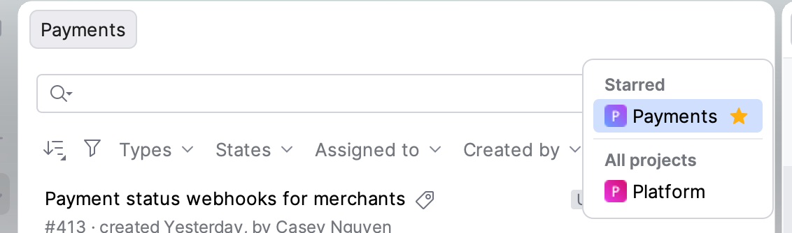 Open Project popup with a starred project and the list of all projects