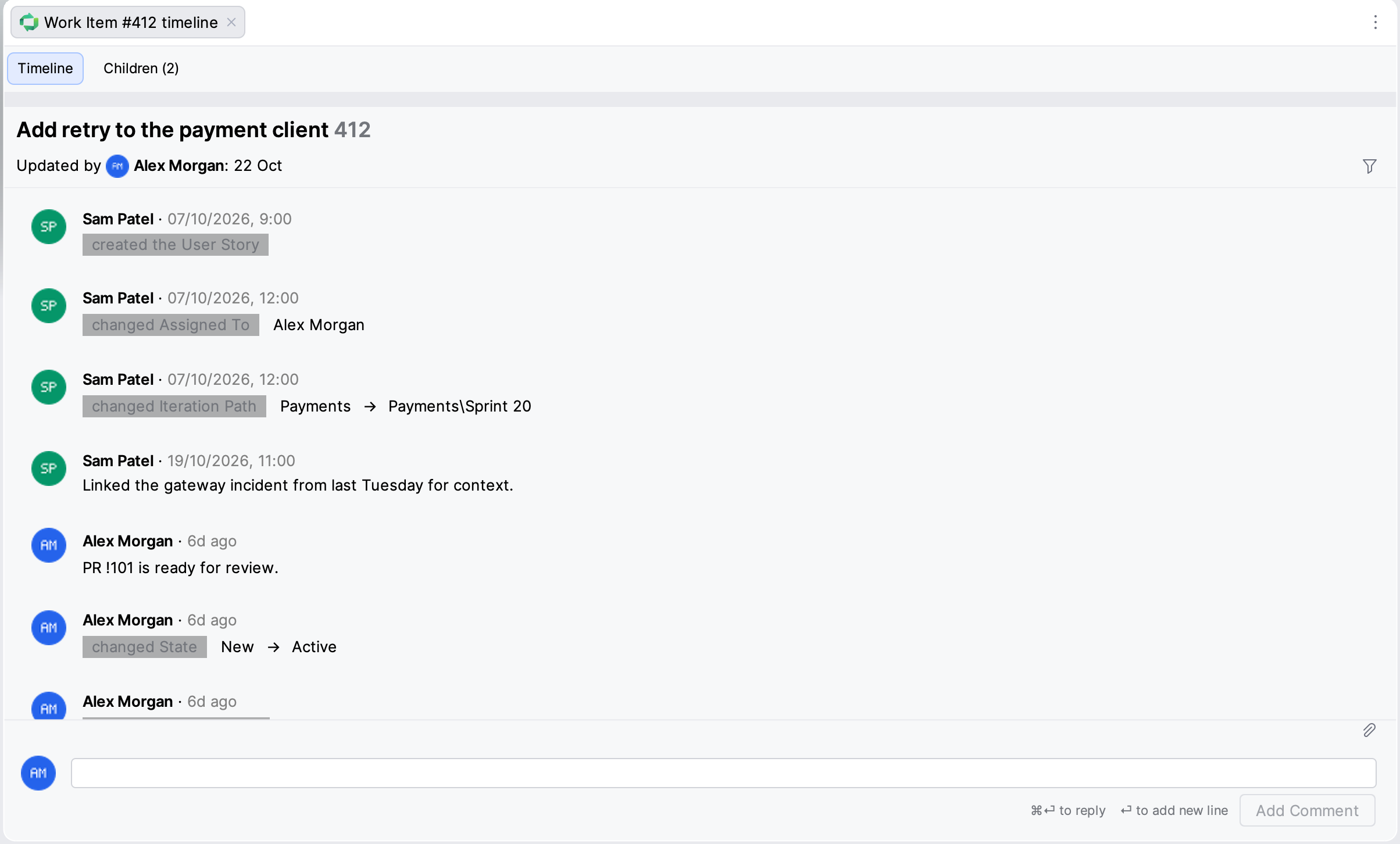 Work item timeline with the Updated by row, the event filter, comments and the comment box Work item timeline with the Updated by row, the event filter, comments and the comment box
