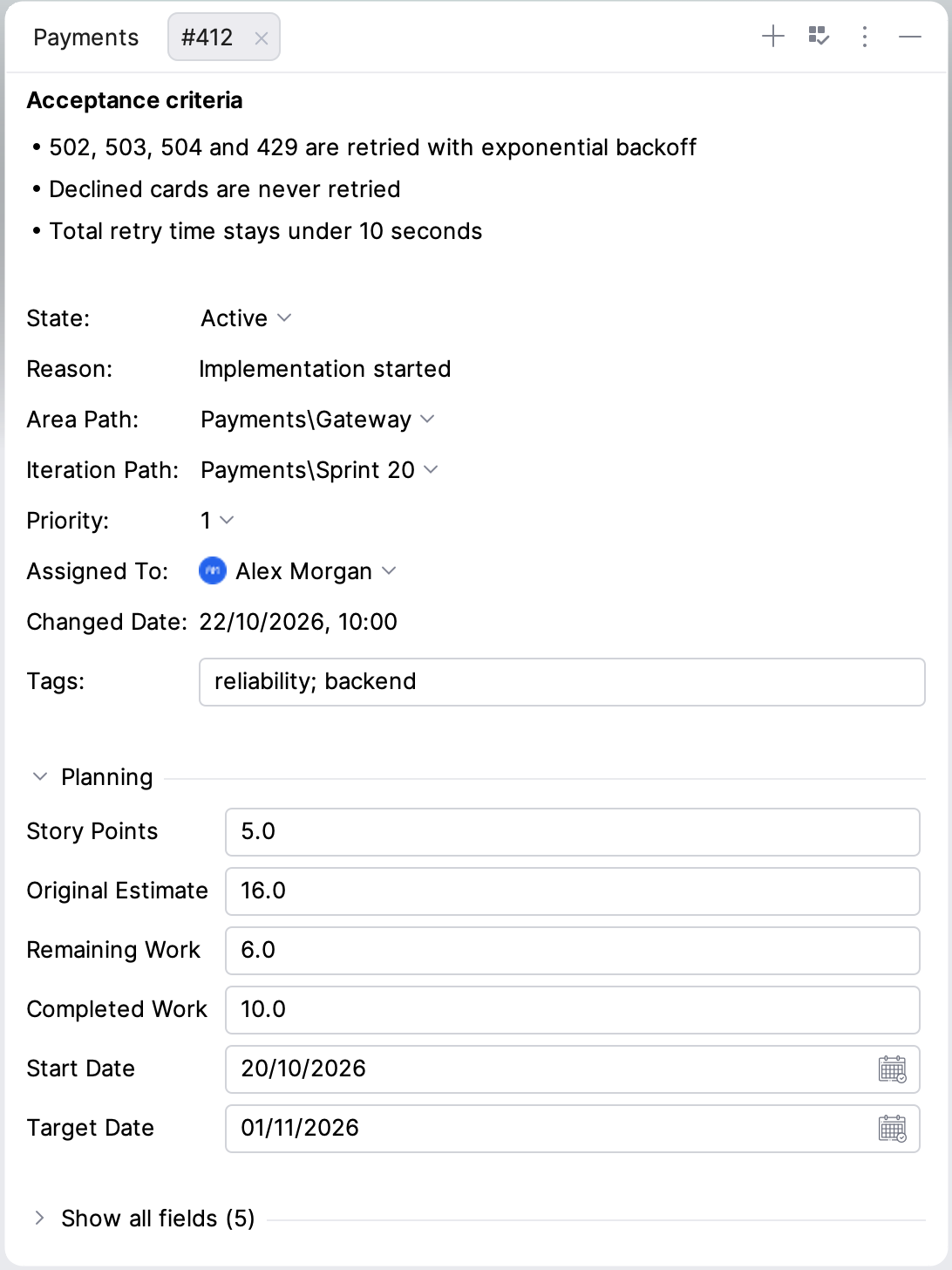 Work item details tab with the state, area, iteration, priority and assignee fields and the Planning group expanded Work item details tab with the state, area, iteration, priority and assignee fields and the Planning group expanded