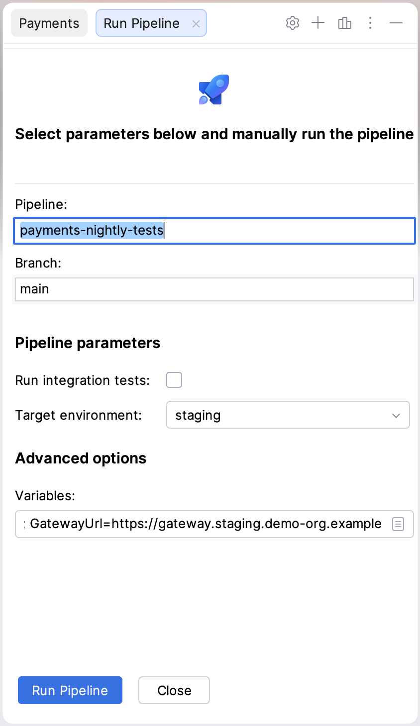 Run Pipeline tab with a pipeline, a branch and runtime parameters filled in