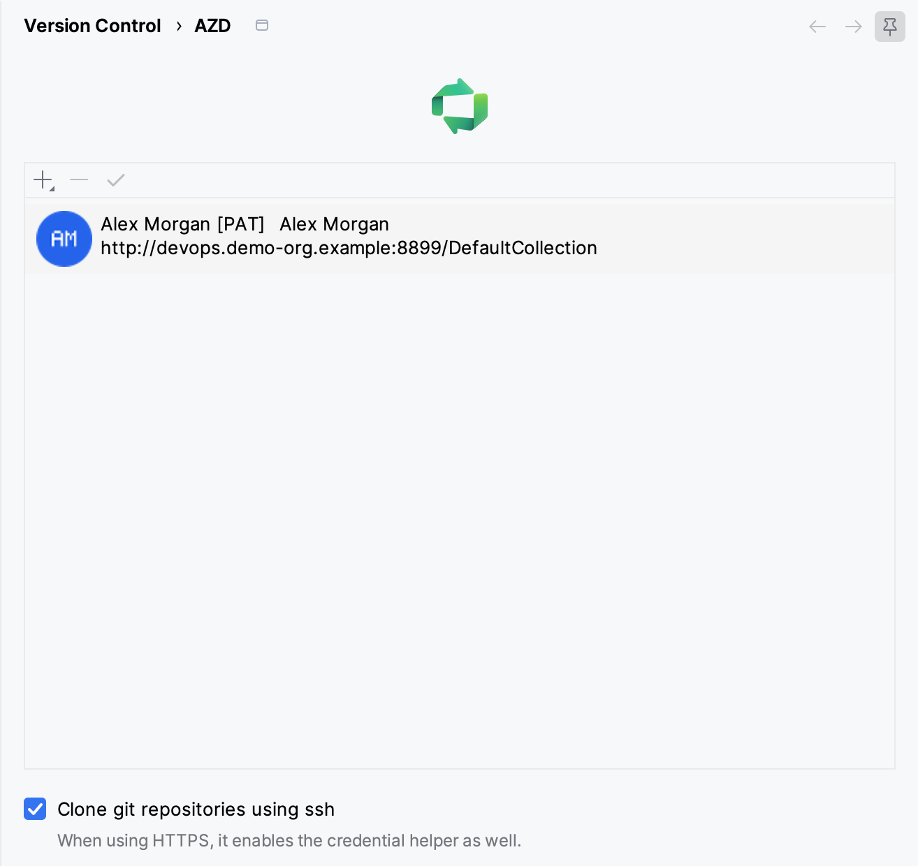 AZD accounts page with an account and Clone git repositories using ssh selected AZD accounts page with an account and Clone git repositories using ssh selected