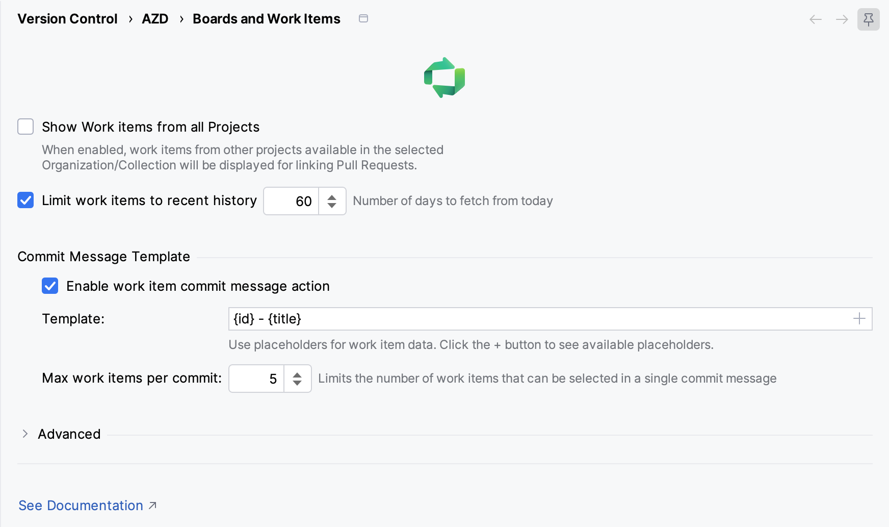 AZD Boards and Work Items settings page with the Commit Message Template group AZD Boards and Work Items settings page with the Commit Message Template group