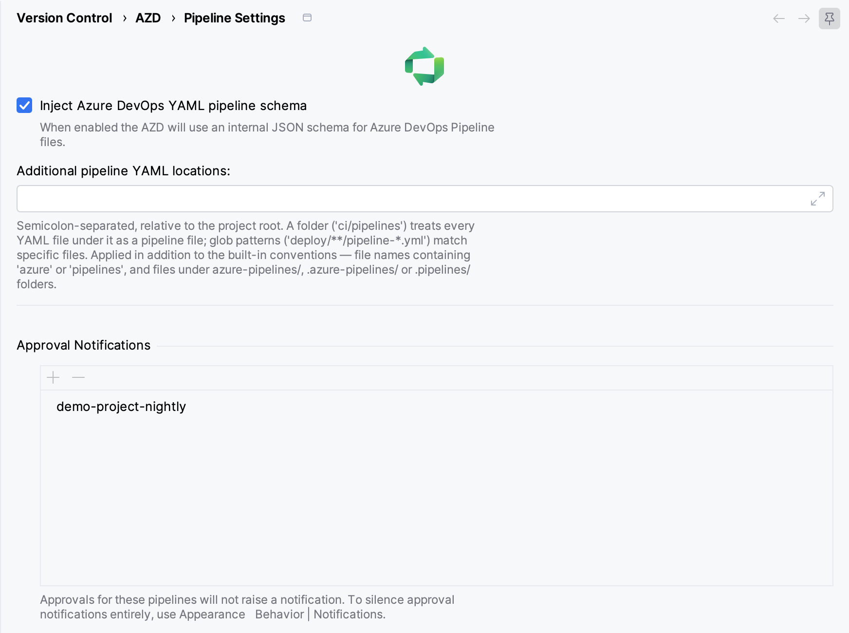 AZD Pipeline Settings page with one muted pipeline in Approval Notifications AZD Pipeline Settings page with one muted pipeline in Approval Notifications
