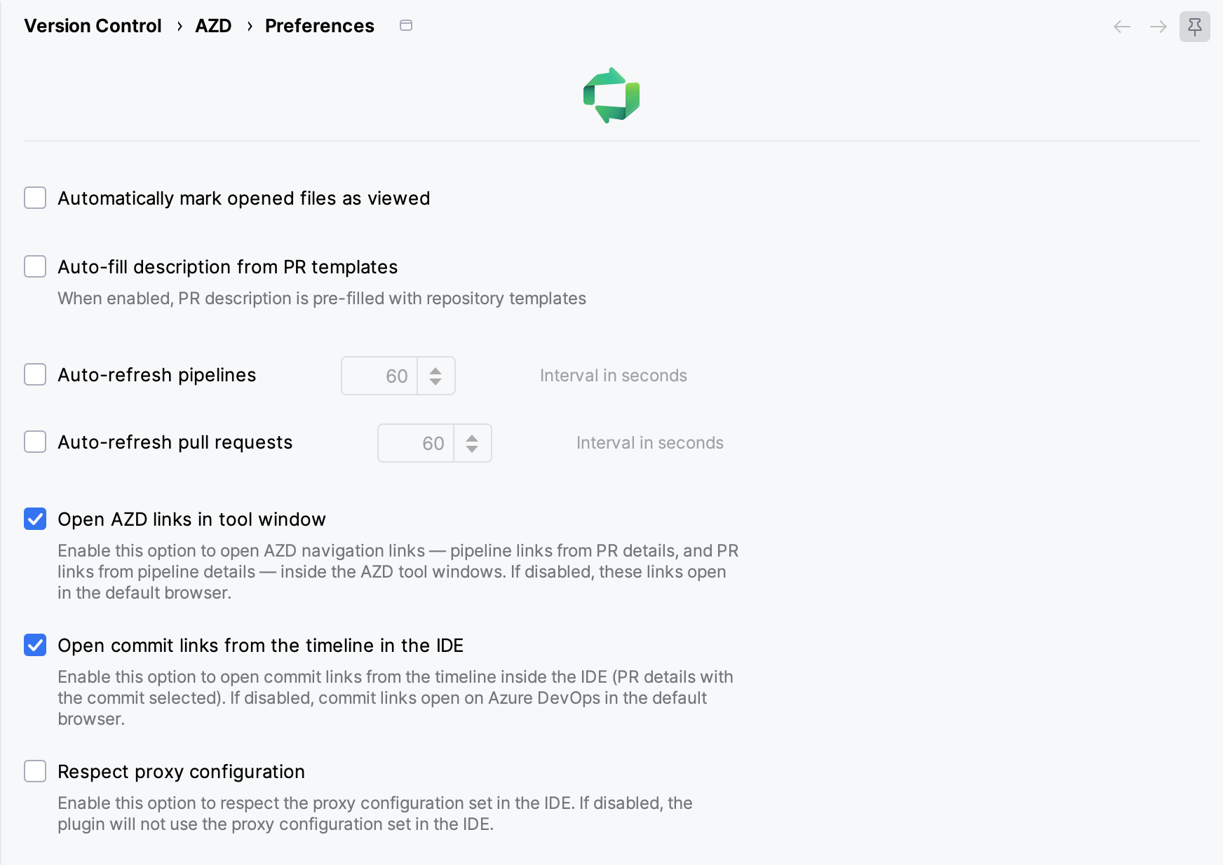 AZD Preferences settings page with the pull request, auto-refresh, link and proxy options AZD Preferences settings page with the pull request, auto-refresh, link and proxy options