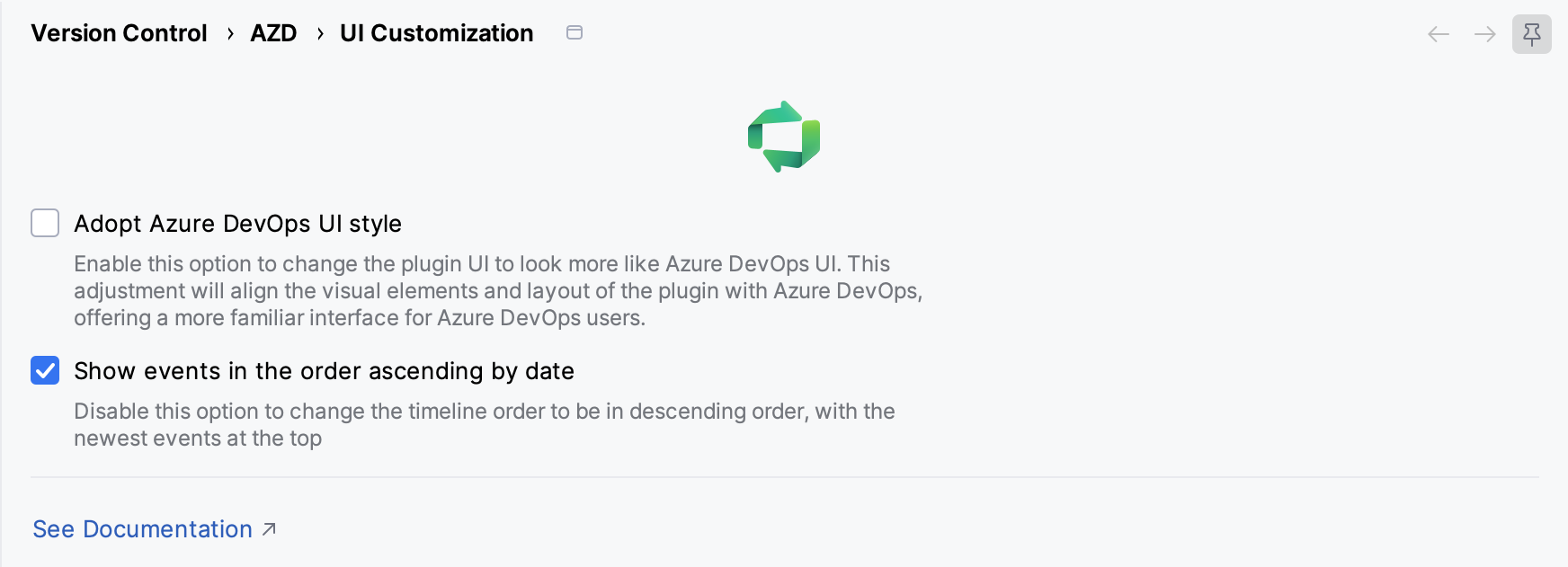 AZD UI Customization settings page with Adopt Azure DevOps UI style and the timeline order option AZD UI Customization settings page with Adopt Azure DevOps UI style and the timeline order option