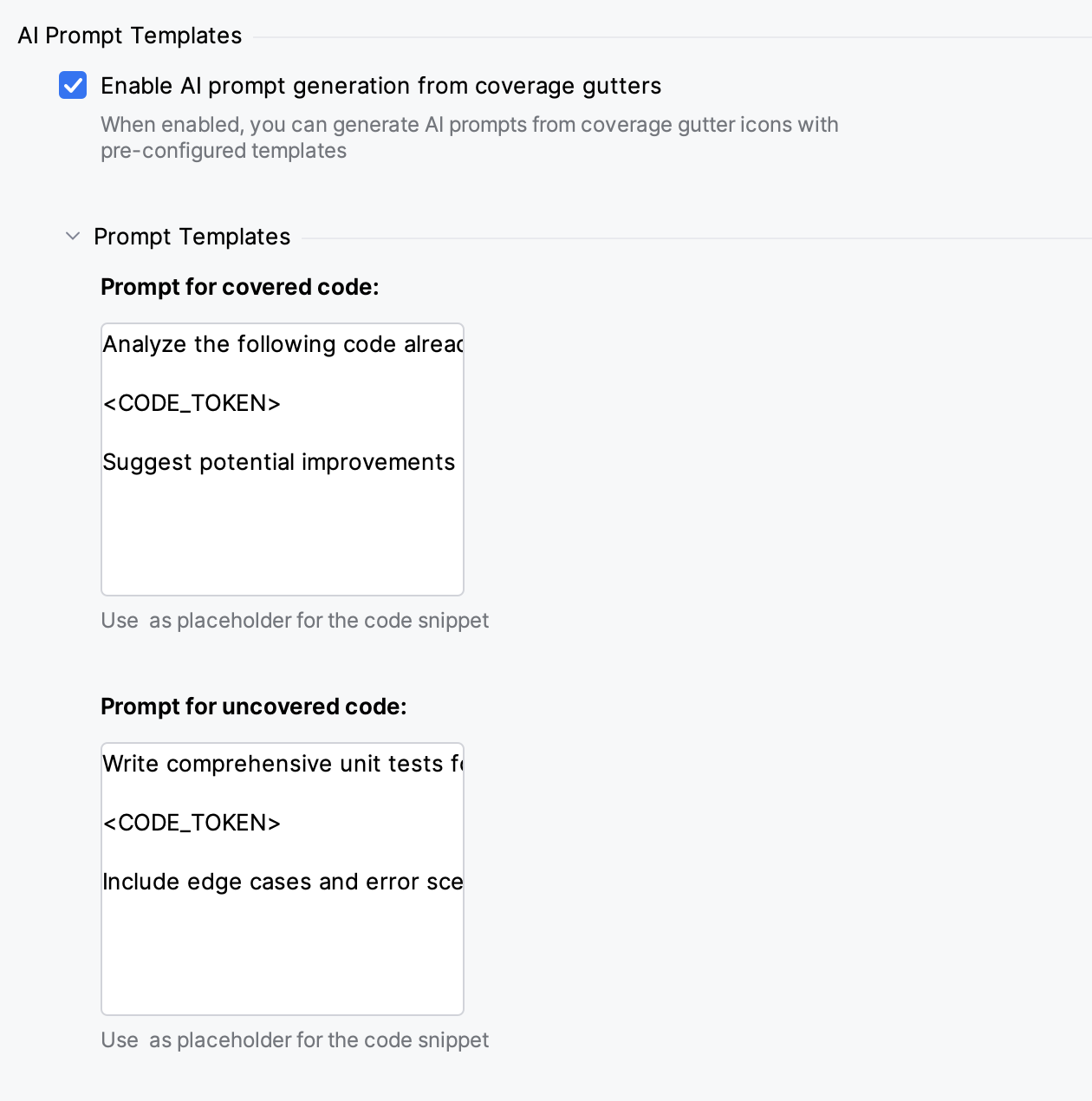 AI Prompt Templates settings with Prompt Templates expanded, showing the covered and uncovered code templates with the CODE_TOKEN placeholder