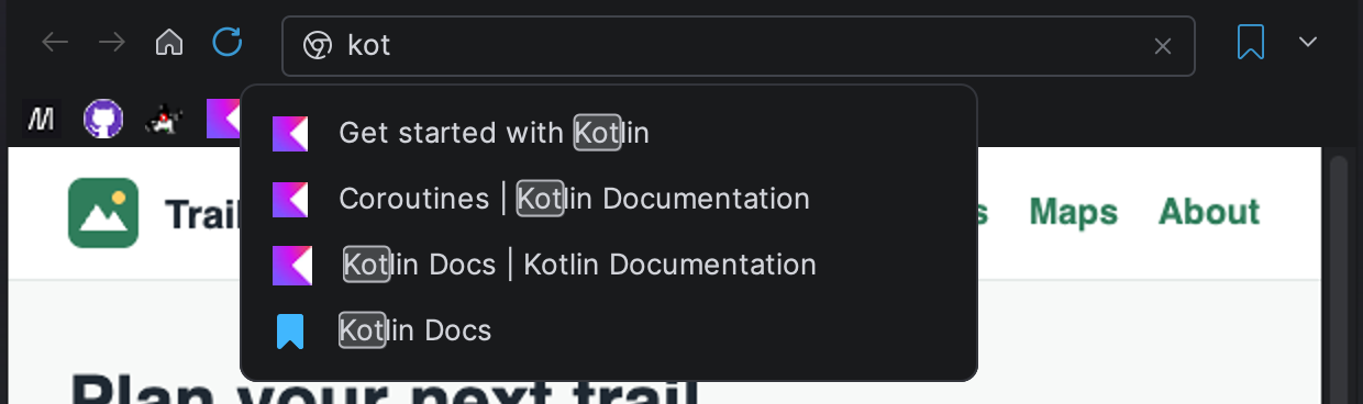 GBrowser address field with a list of matching history and bookmark entries