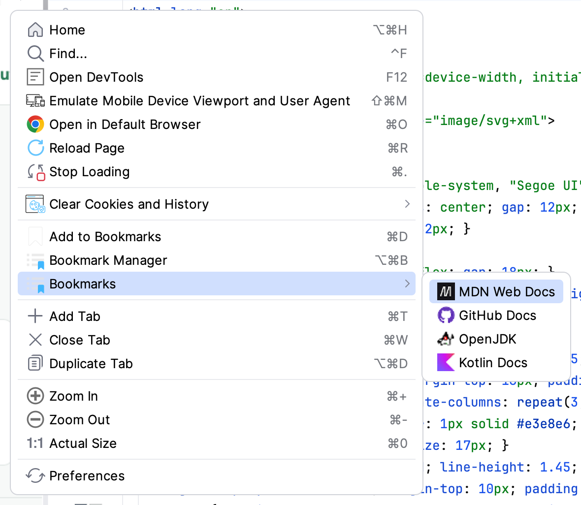 GBrowser More Options menu with the Bookmarks submenu listing saved bookmarks GBrowser More Options menu with the Bookmarks submenu listing saved bookmarks