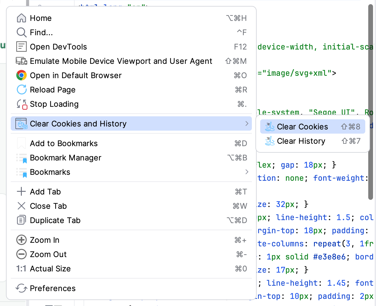 GBrowser Clear Cookies and History submenu with the Clear Cookies and Clear History items GBrowser Clear Cookies and History submenu with the Clear Cookies and Clear History items