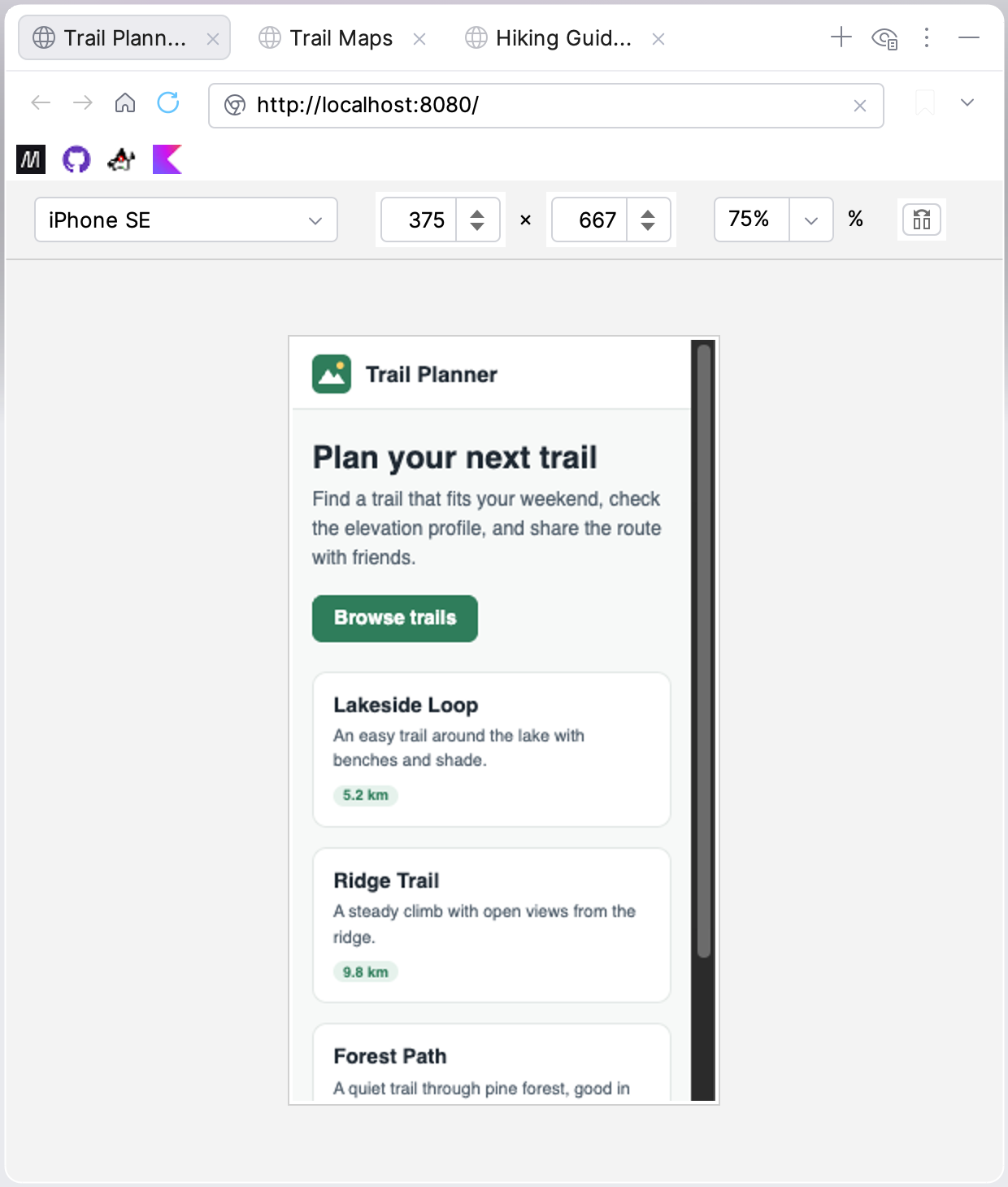 GBrowser device toolbar with iPhone SE selected and the page shown in a phone-sized frame GBrowser device toolbar with iPhone SE selected and the page shown in a phone-sized frame