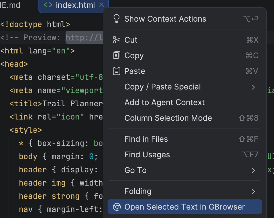 Editor with a localhost URL selected and the Open Selected Text in GBrowser context menu item