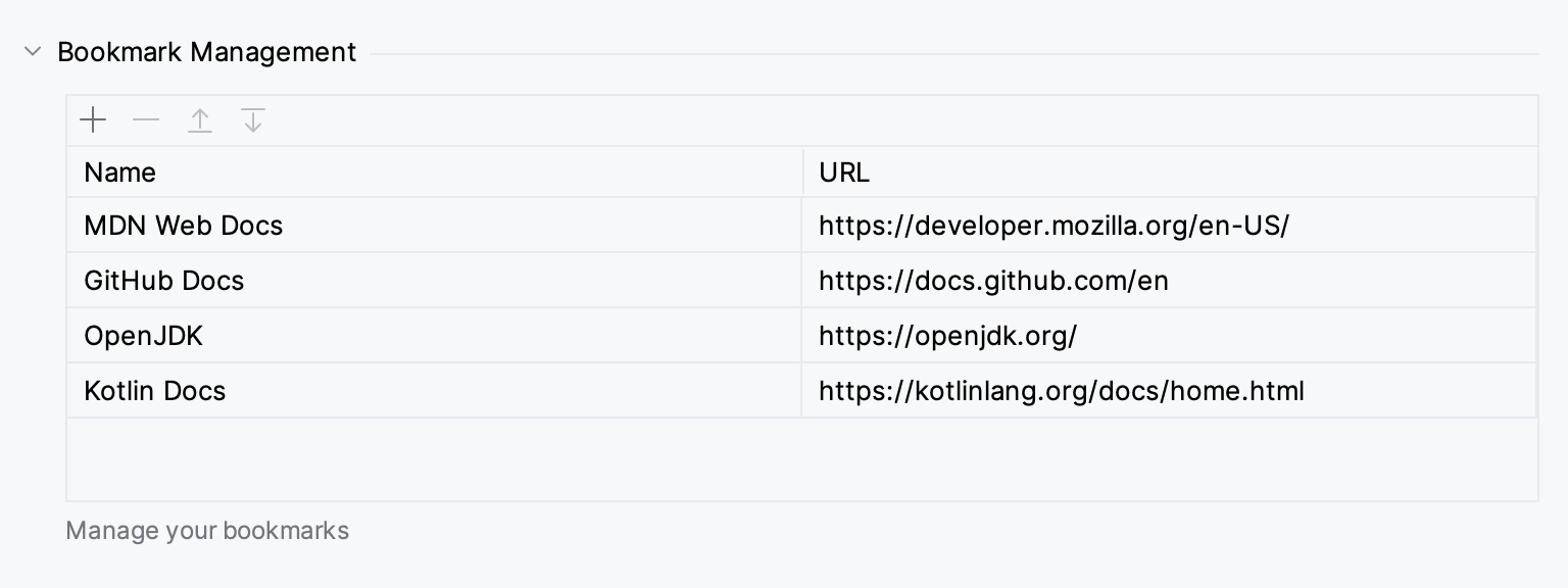 Bookmark Management group in the GBrowser settings with a table of bookmark names and URLs Bookmark Management group in the GBrowser settings with a table of bookmark names and URLs